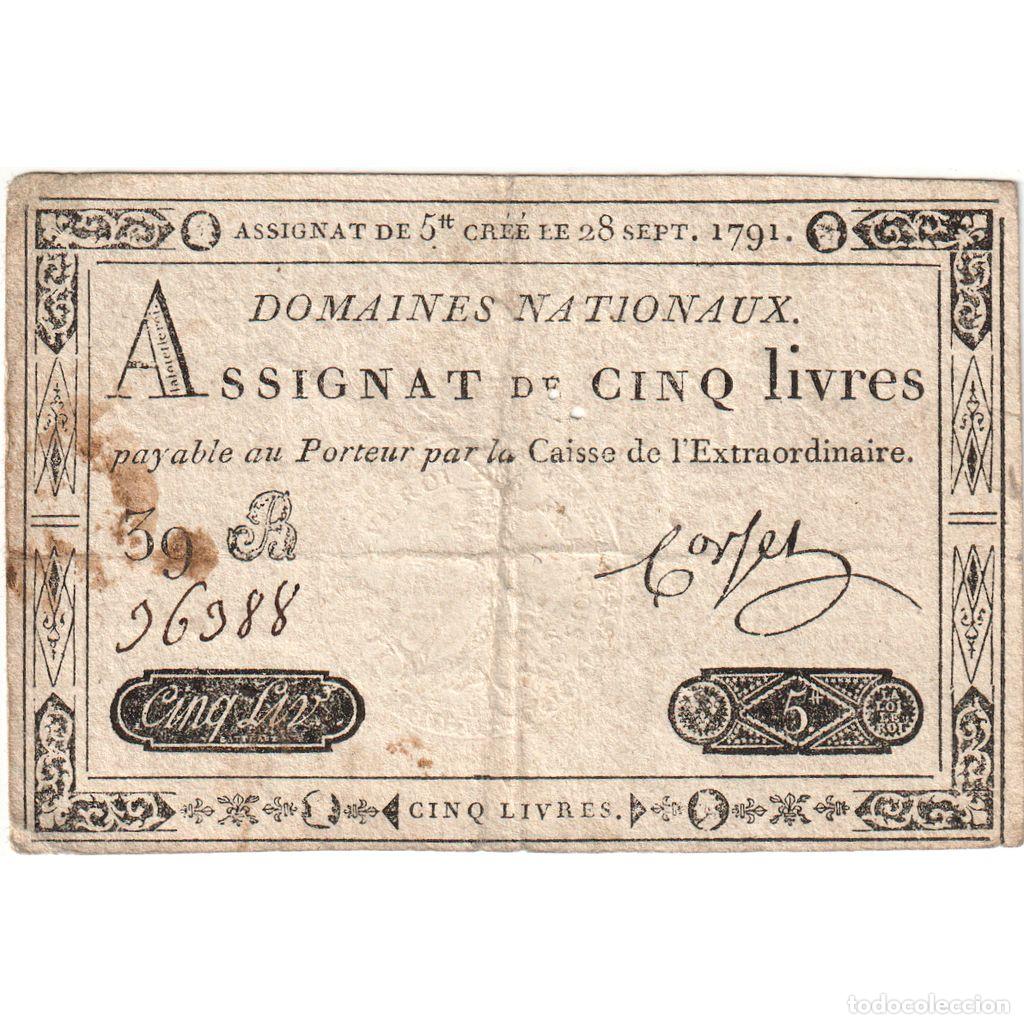 Billetes extranjeros: [#377744] Francia, 5 Livres, 1791-09-28, 39B, BC