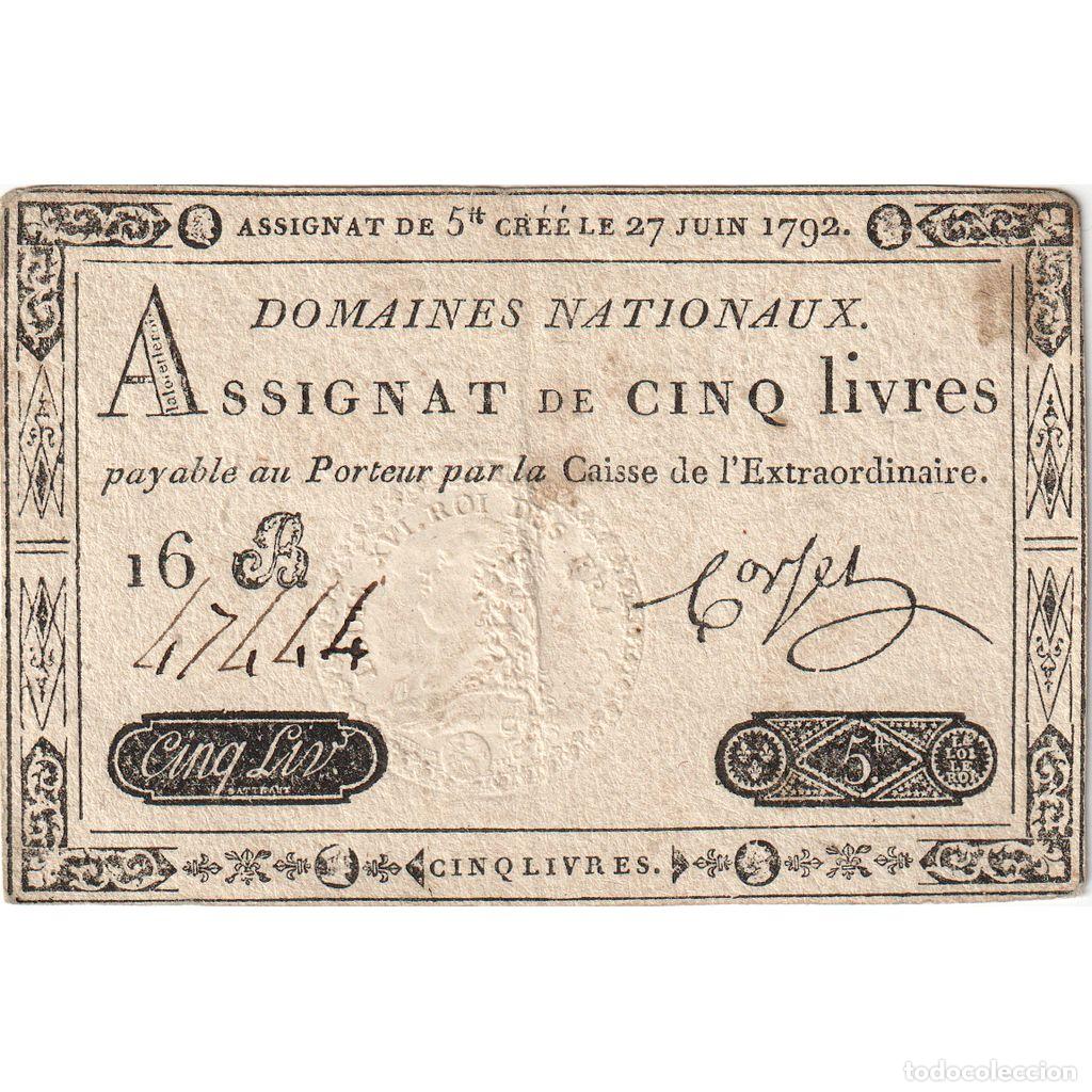 Billetes extranjeros: [#377745] Francia, 5 Livres, 1792-06-27, 16B, BC+