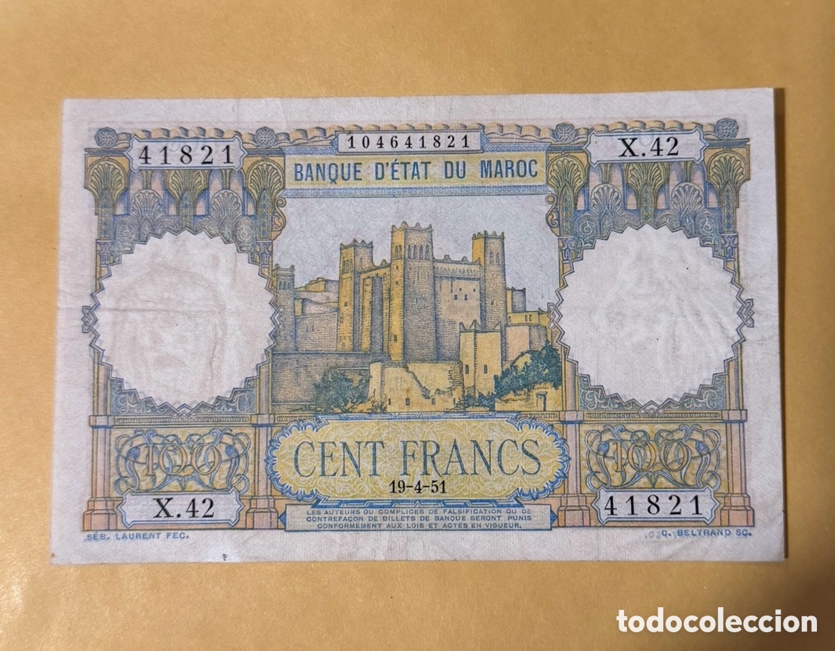 Billetes extranjeros: Marruecos (Banque d'&Eacute;tat du Maroc) 100 francos 1951