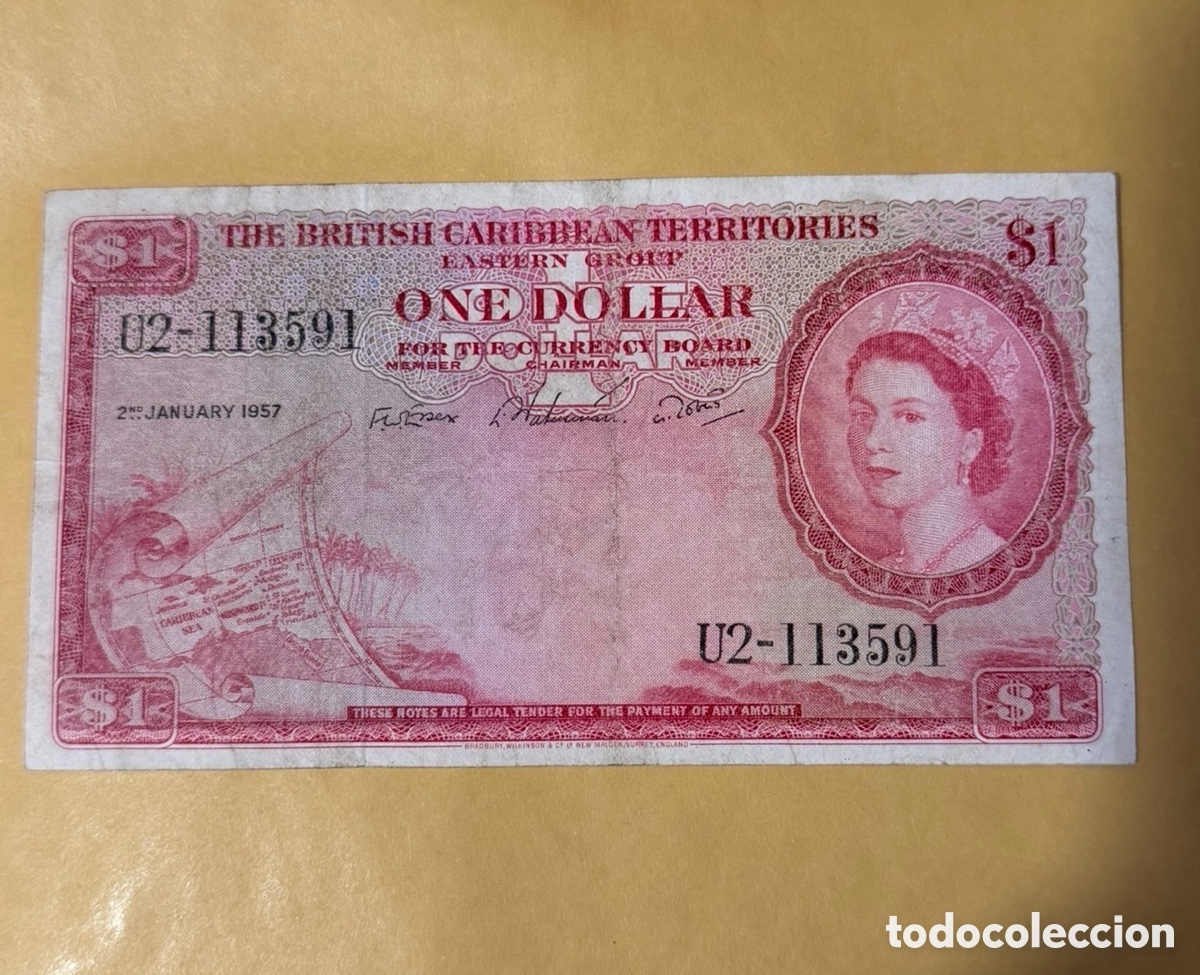 Billetes extranjeros: 1 D&oacute;lar de los Territorios Brit&aacute;nicos del Caribe 1957