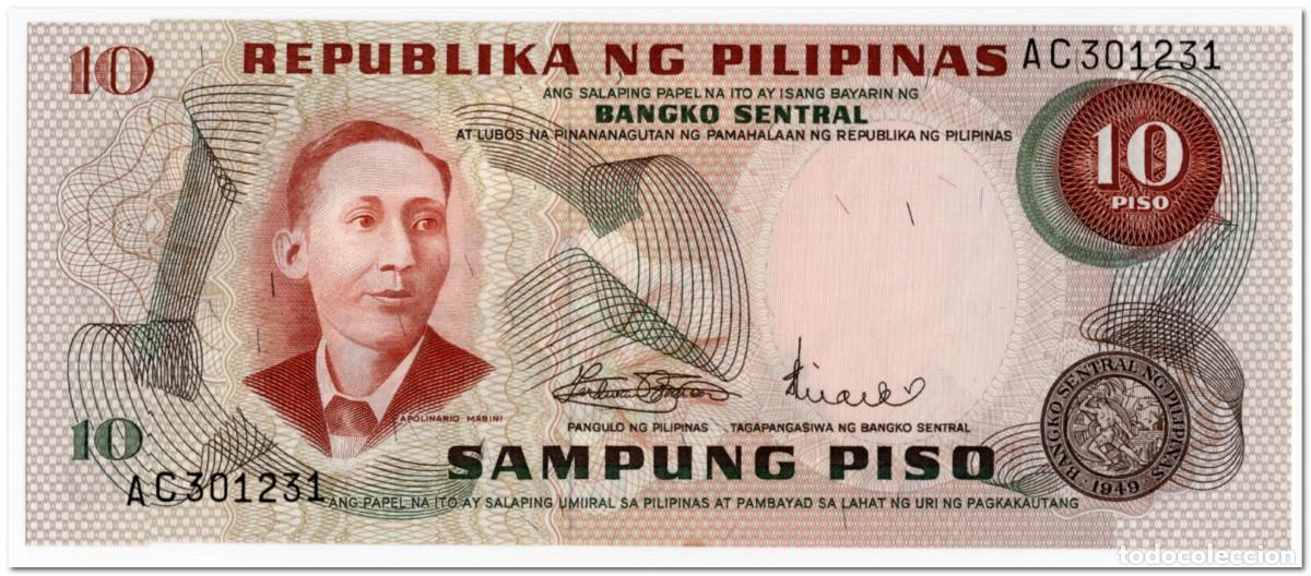 Billetes extranjeros: PHILIPPINES,10 PISO,1970`S P.149a,AU-UNC