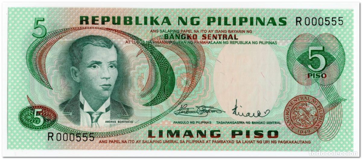 Billetes extranjeros: PHILIPPINES,5 PISO,1970'S,P.148a,INTERESTING SERIAL NUMBER UNC