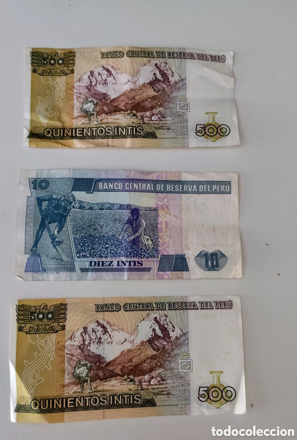 Billetes extranjeros: 3 Billetes de Per&uacute; 500 y 10 Intis - Foto 2