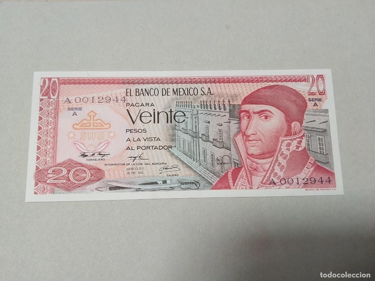 Billetes extranjeros: Billete M&eacute;xico, 20 pesos, a&ntilde;o 1972, serie A0012944 y n&ordm; bajisimo, UNC