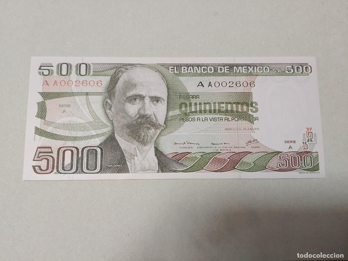 Billetes extranjeros: Billete M&eacute;xico, 500 pesos, a&ntilde;o 1979, serie AA002606, n&ordm; bajisimo, UNC