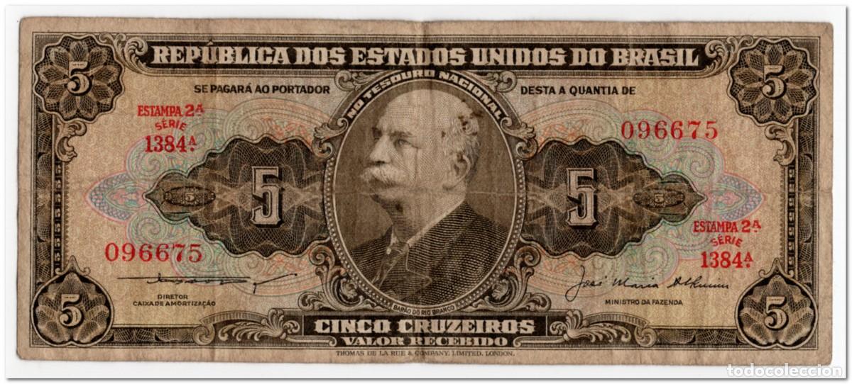 Billetes extranjeros: BRAZIL,5 CRUZEIROS,1953-59,P.158c,FINE