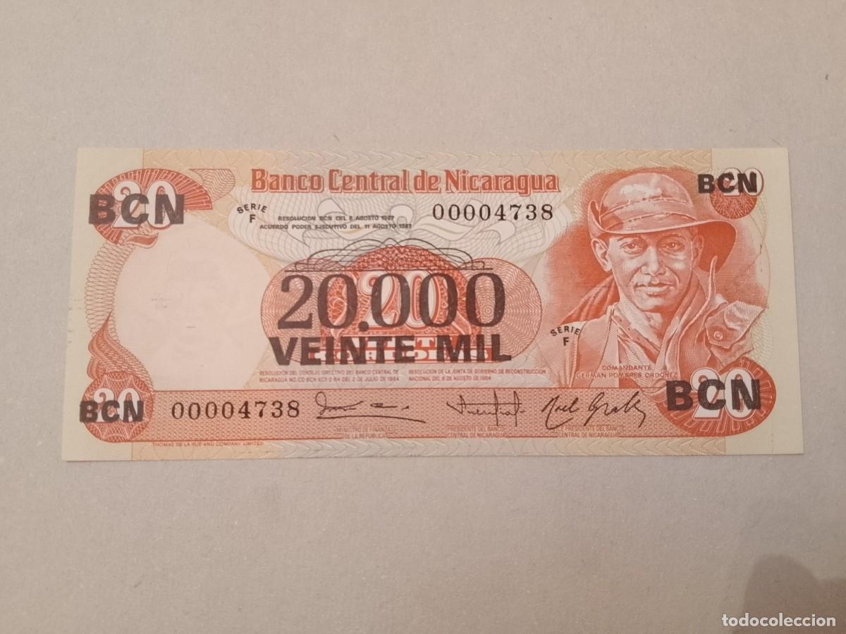Billetes extranjeros: Billete Nicaragua, 20000 c&oacute;rdobas, a&ntilde;o 1987, n&ordm; bajisimo 00004738, UNC