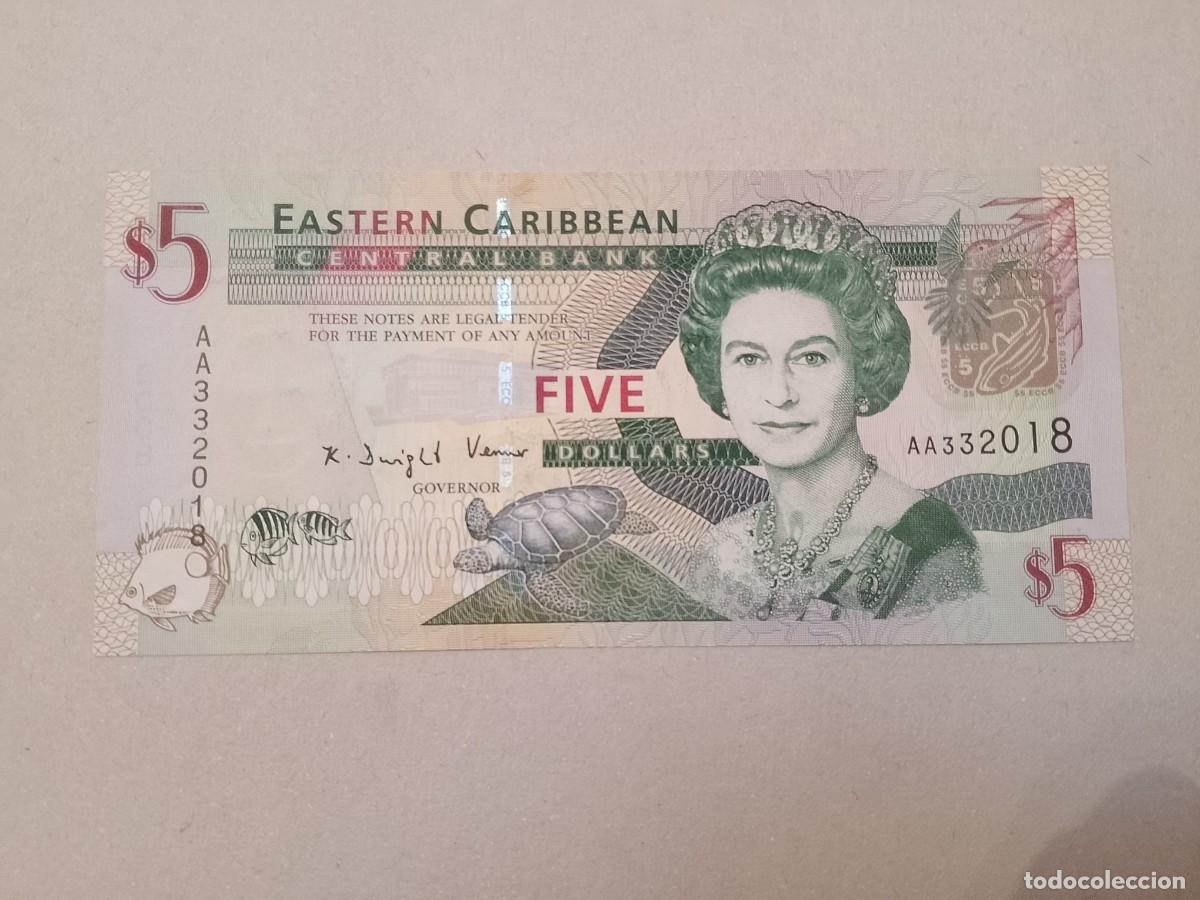 Billetes extranjeros: Billete Caribe Orientales, 5 d&oacute;lares, a&ntilde;o 2008, serie AA, UNC