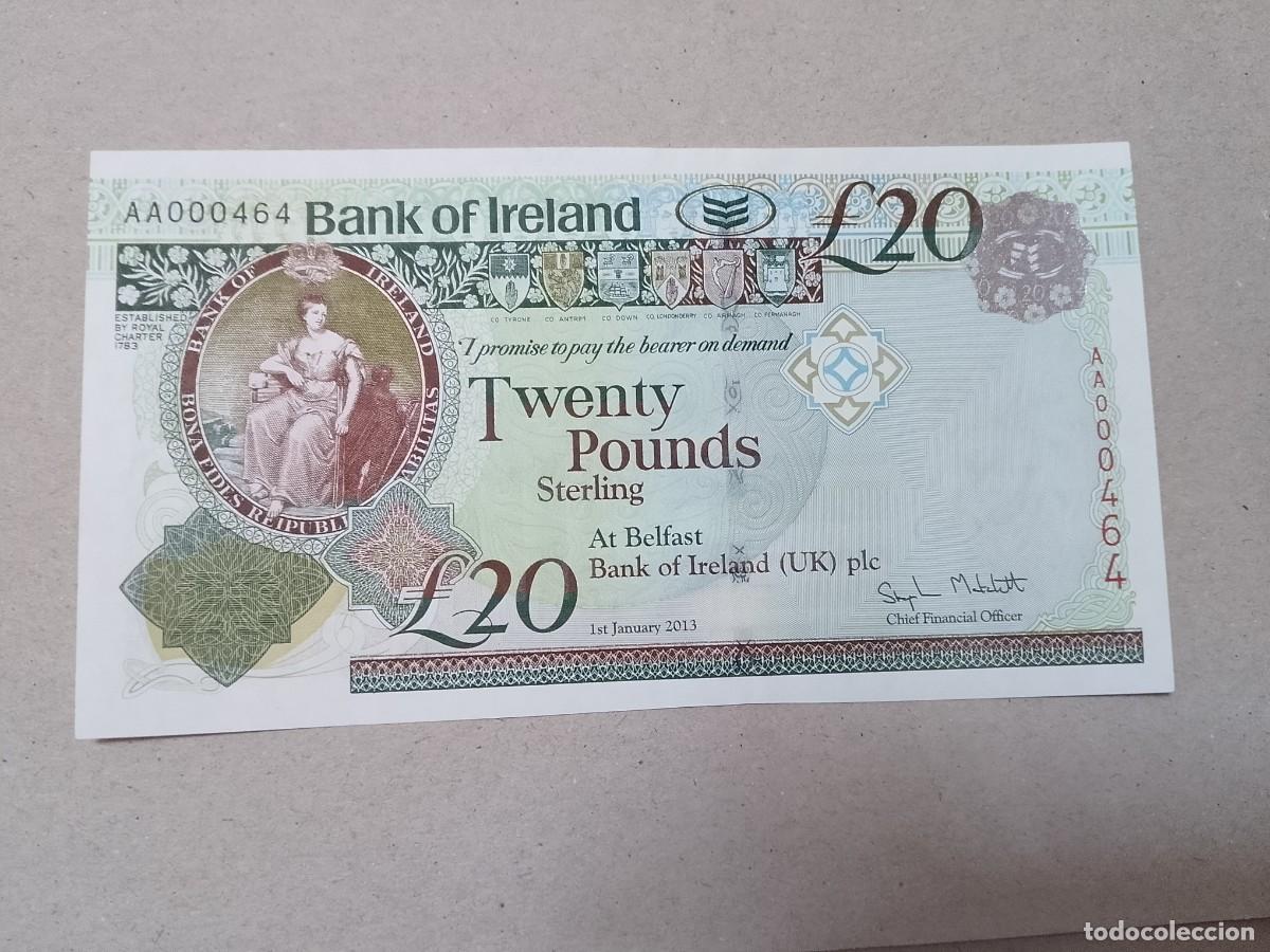 Billetes extranjeros: Billete Irlanda,20 libras, a&ntilde;o 2013, serie AA000464, n&ordm; bajisimo, UNC