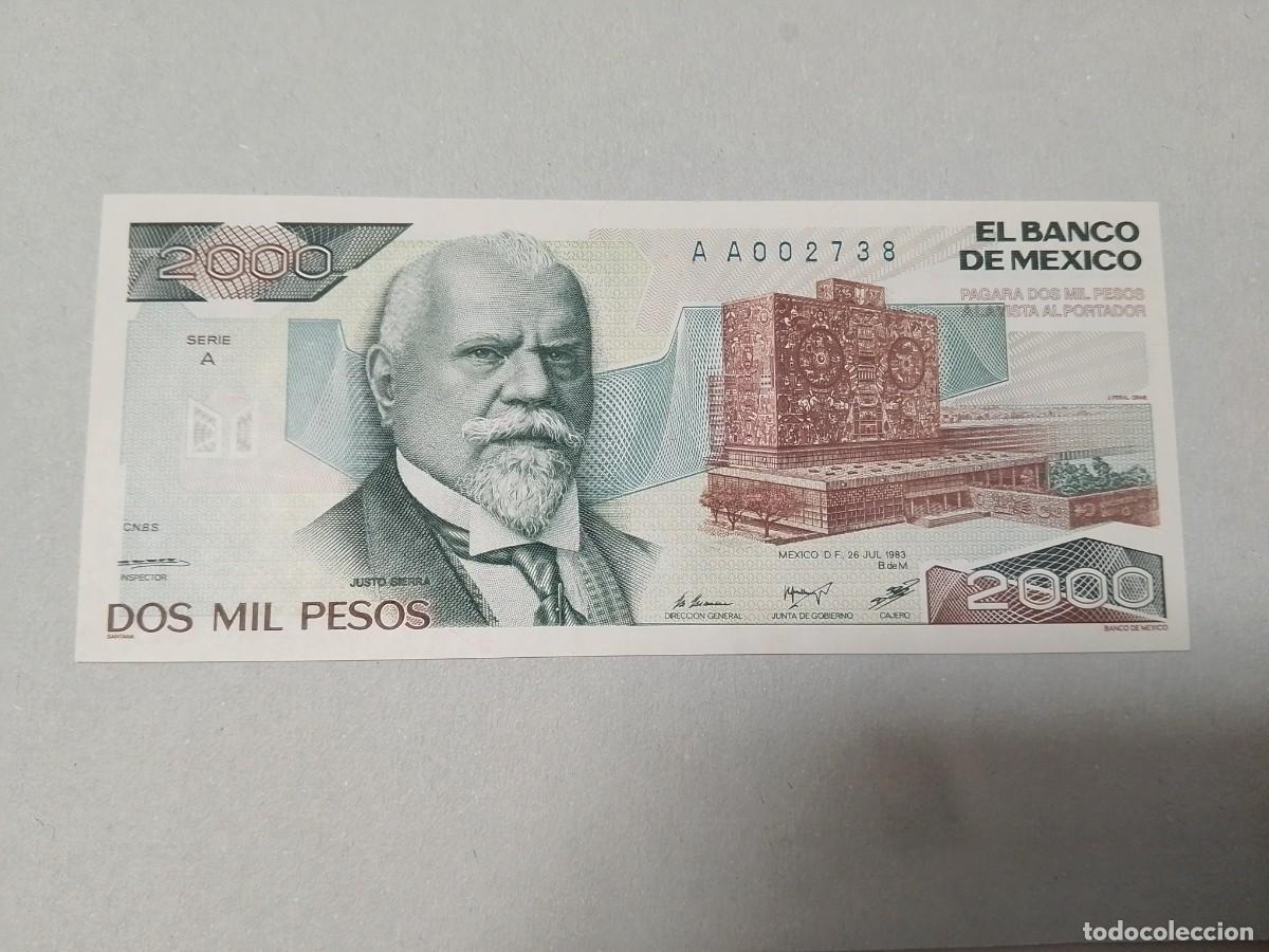 Billetes extranjeros: Billete M&eacute;xico, 2000 pesos, a&ntilde;o 1983, serie AA, n&ordm; bajisimo 002738, UNC