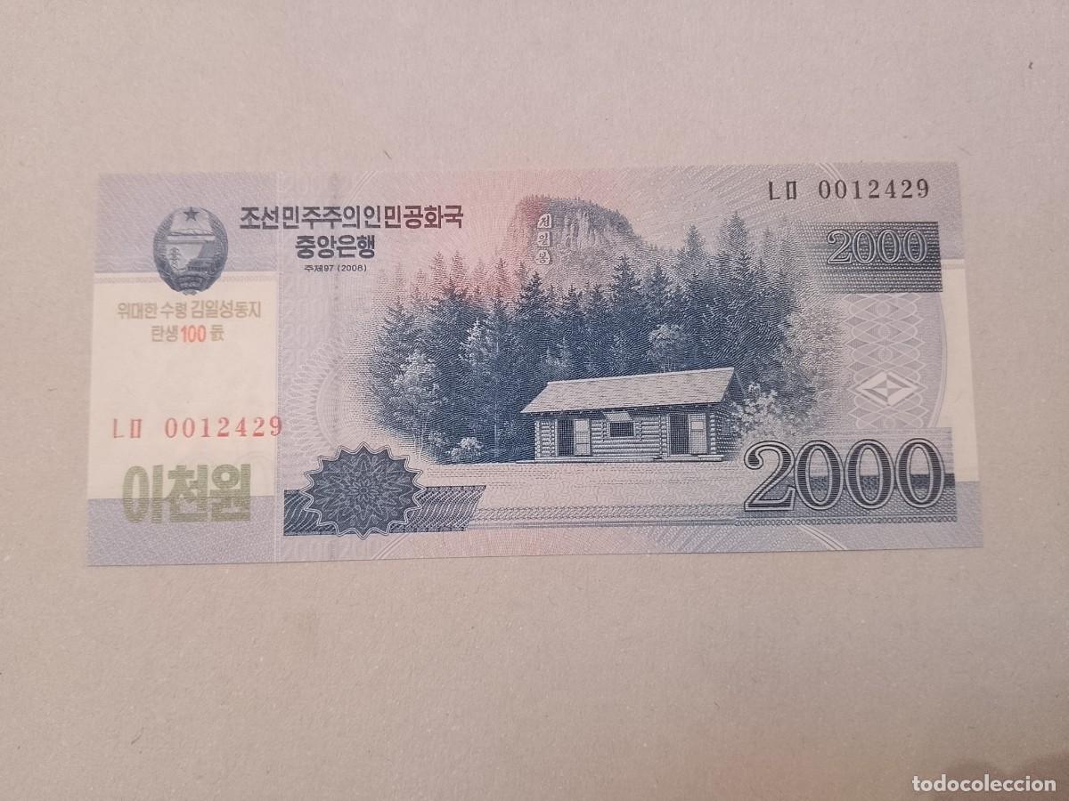 Billetes extranjeros: Billete Corea del norte, 2000 won, a&ntilde;o 2008, conmemorativo 100 aniversario, UNC