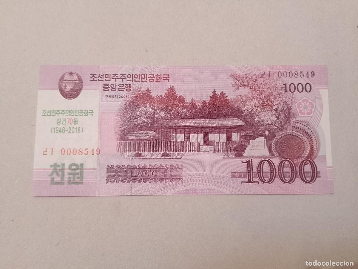 Billetes extranjeros: Billete Corea del norte, 1000 won, n&ordm; bajisimo 0008549, conmemorativo 70 aniversario, a&ntilde;o 2008, UNC