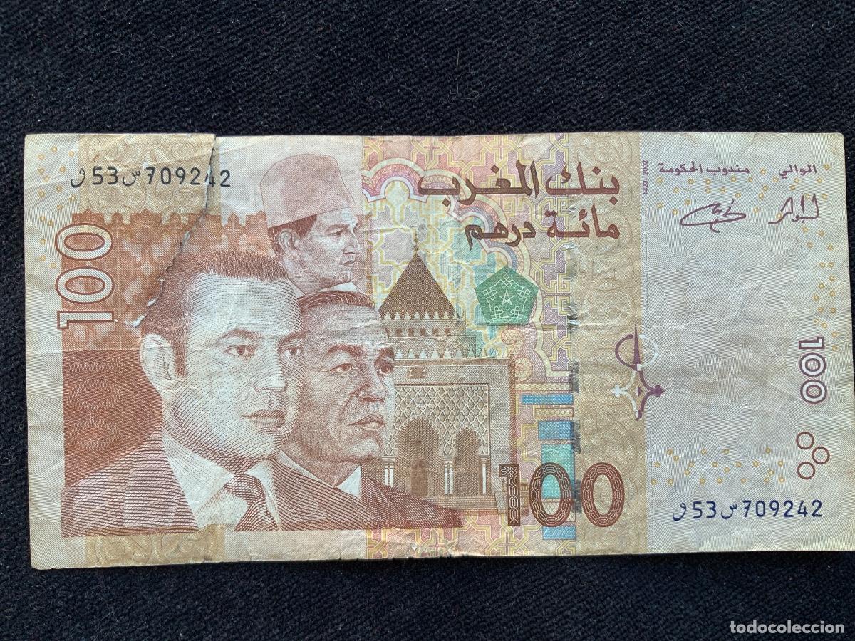 Billetes extranjeros: Billete 100 dirhams marruecos, roto.