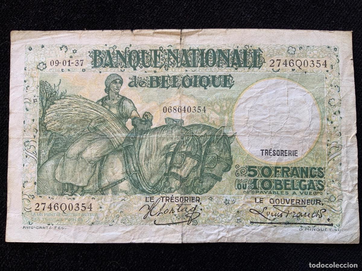 Billetes extranjeros: Billete de belgica, Banco nacional de belguique, 1937, 50 francs , 10 belgas