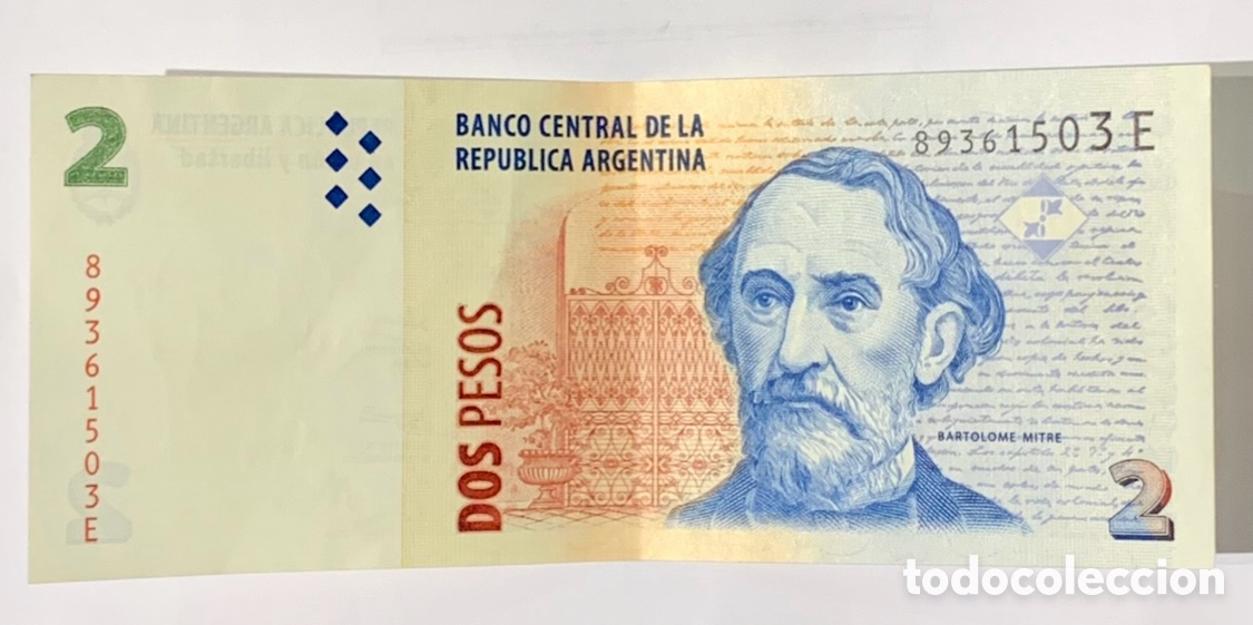 Billetes extranjeros: Billete. Banco Central de Rep&uacute;blica Argentina. 2 Pesos.