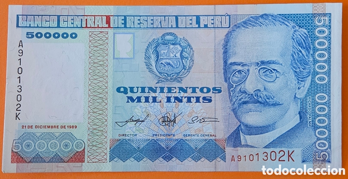 Billetes extranjeros: PER&Uacute;, 500000 INTIS, 1989.