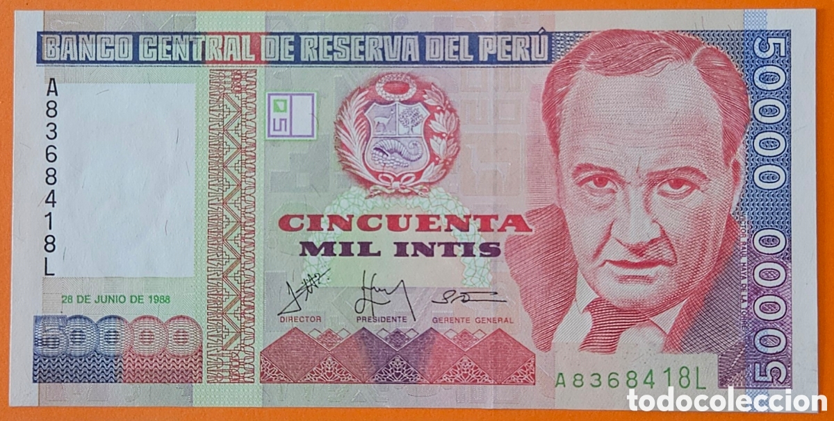 Billetes extranjeros: PER&Uacute;, 50000 INTIS, 1988.