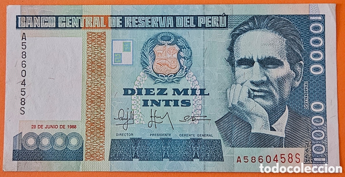 Billetes extranjeros: PER&Uacute;, 10000 INTIS, 1988.