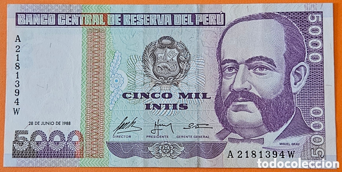 Billetes extranjeros: PER&Uacute;, 5000 INTIS, 1988.