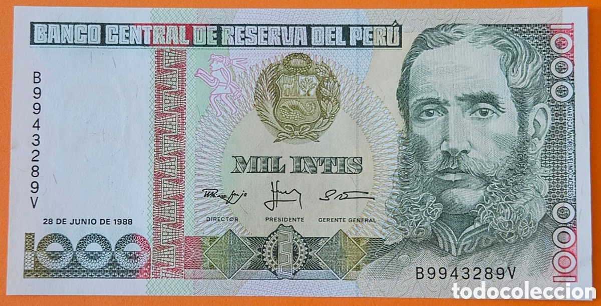 Billetes extranjeros: PER&Uacute;, 1000 INTIS, 1988.