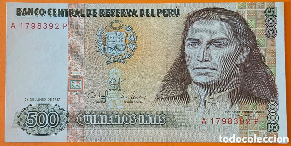 Billetes extranjeros: PER&Uacute;, 500 INTIS, 1987.