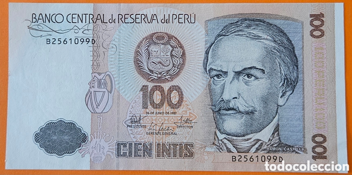 Billetes extranjeros: PER&Uacute;, 100 INTIS, 1987.