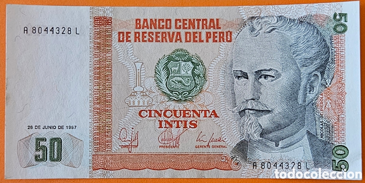 Billetes extranjeros: PER&Uacute;, 50 INTIS, 1987.