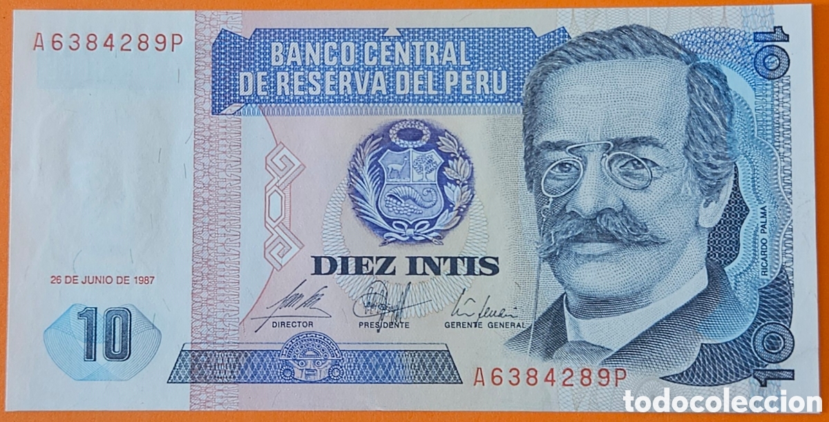 Billetes extranjeros: PER&Uacute;, 10 INTIS, 1987.