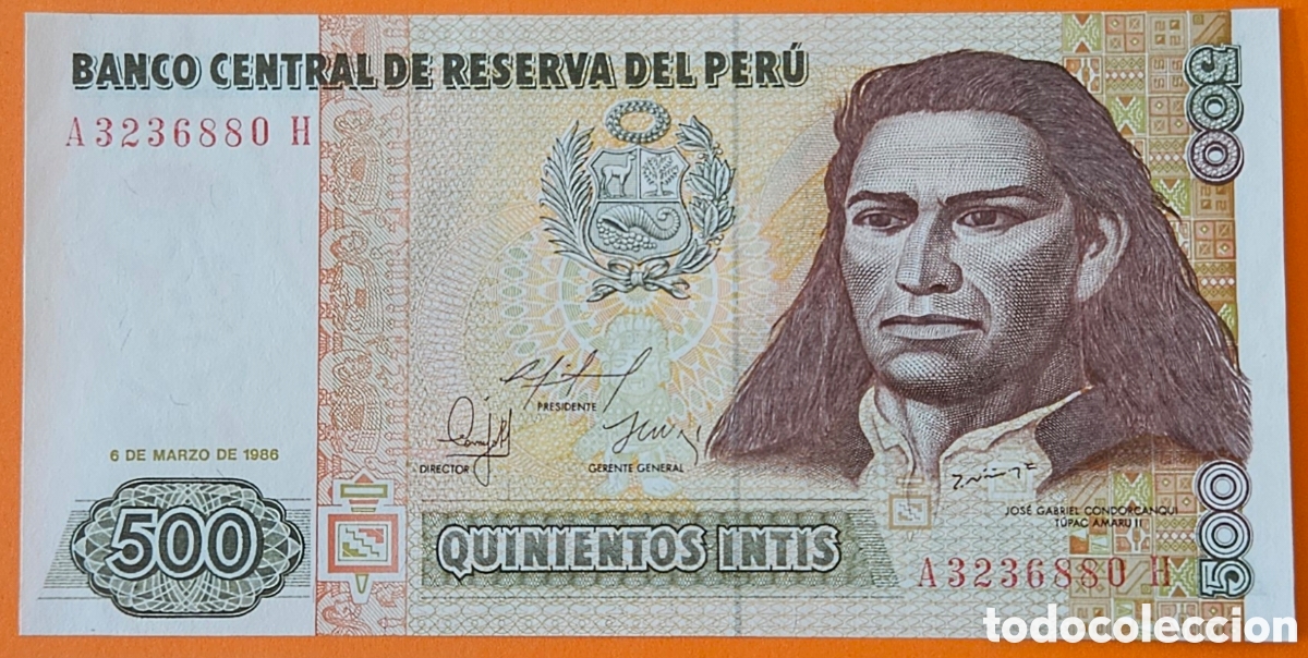 Billetes extranjeros: PER&Uacute;, 500 INTIS, 1986. MUY RARO.