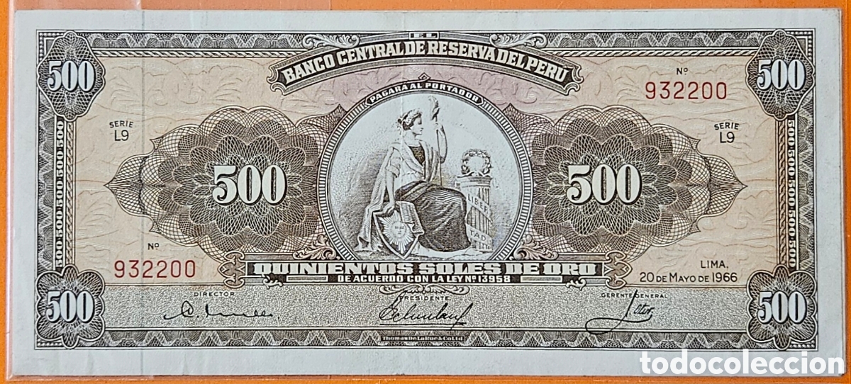Billetes extranjeros: PER&Uacute;, 500 SOLES DE ORO, 1966.