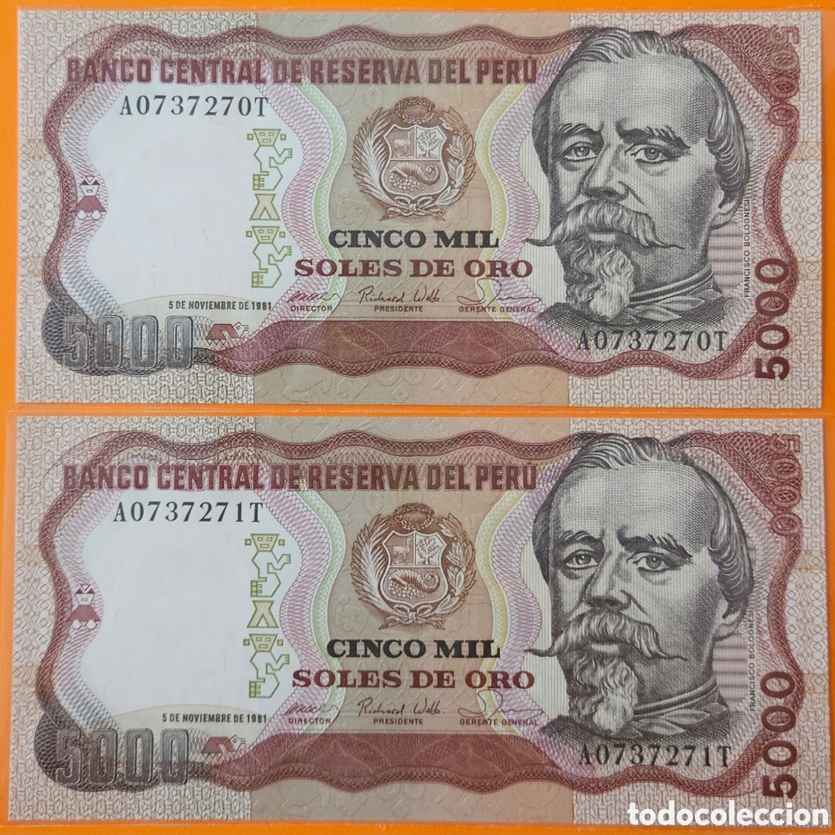 Billetes extranjeros: PER&Uacute;, PAREJA CORRELATIVA, 5000 SOLES DE ORO, 1981. ESCASOS.