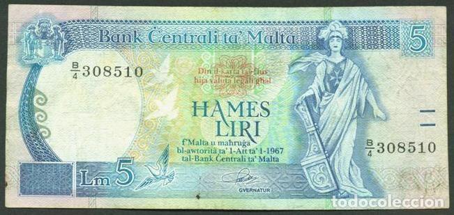 Billetes extranjeros: MALTA. 5 liri 1967(1986). Pick 42. Numeros de la iquierda del mismo tama&ntilde;o.