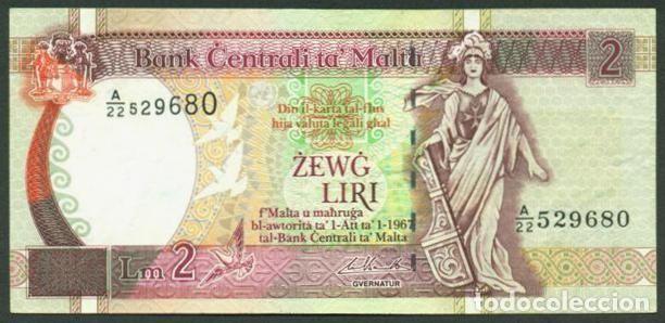 Billetes extranjeros: MALTA. 2 liri Ley 1967(1994). Pick 45. Numeros de izquierda de tama&ntilde;o ascendente. Ver firmas.