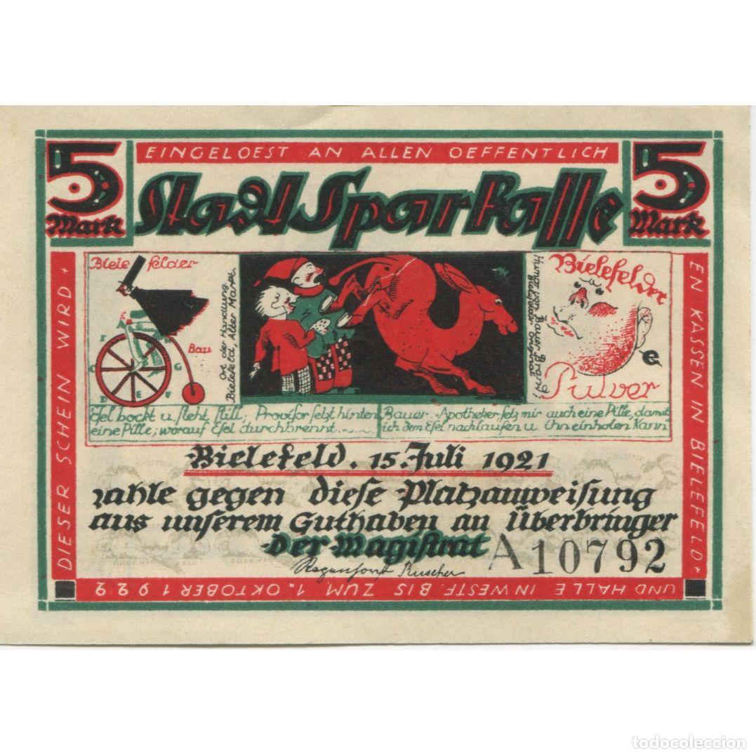 Billetes extranjeros: [#320577] Billete, Alemania, Bielefeld Stadt, 5 Mark, personnage, 1922, 1922-10-01, EBC