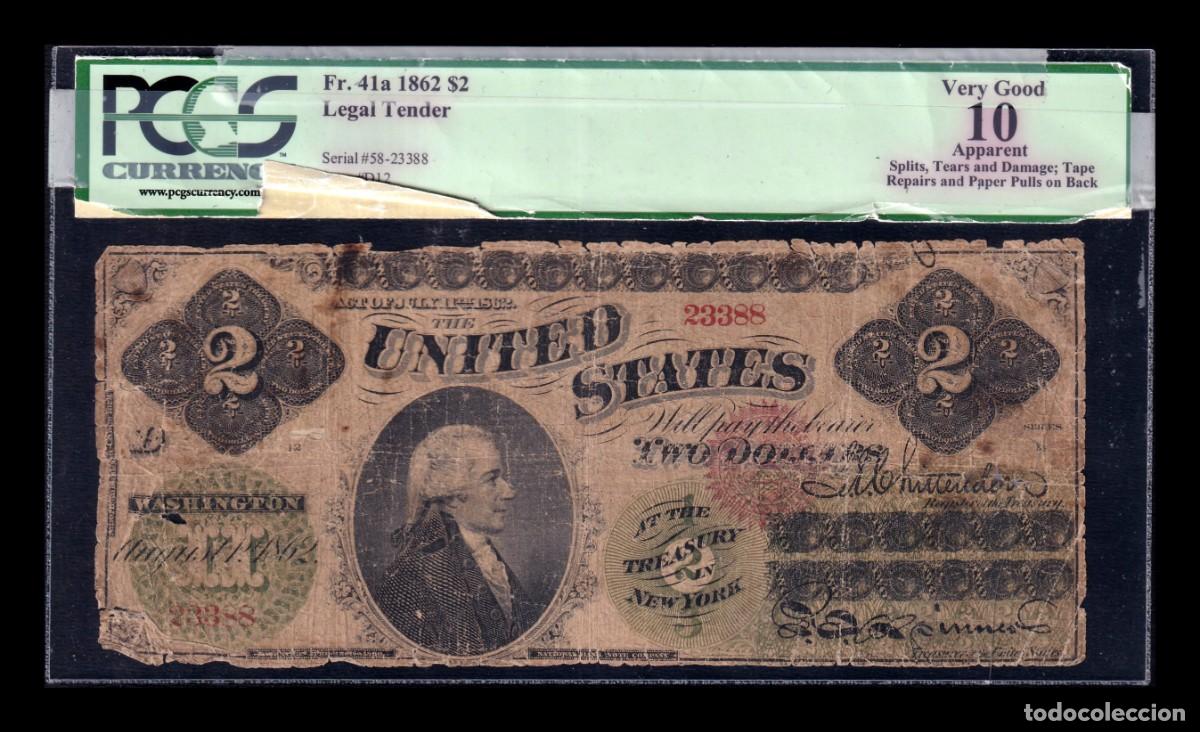 Billetes extranjeros: Estados Unidos 2 D&oacute;lares Alexander Hamilton 1862 Pick 129 Rc/Poor