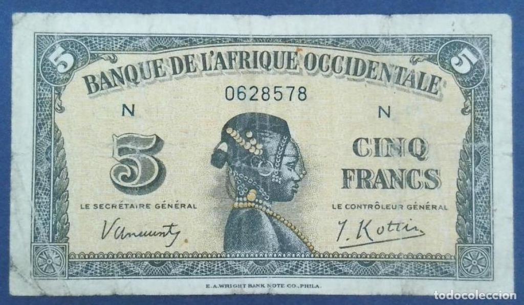 Billetes extranjeros: &Aacute;frica occidental francesa, 5 Francs 1942 - 28a - Manipulado (BC / Fine) [068578]