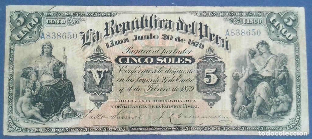 Internationale Banknoten: Per&uacute;, 5 Soles 30.06..1879 - P3 - (BC / Fine) [A838650]