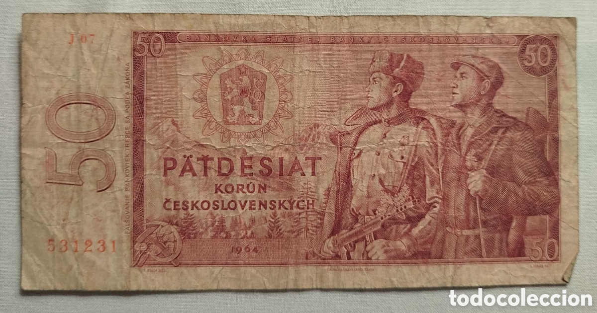 Billetes extranjeros: Billete de 50 Coronas Checoslovacas (1964) &bull; Serie J 07