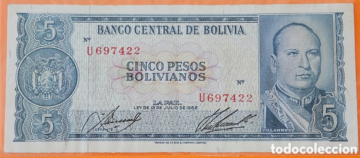 Billetes extranjeros: BOLIVIA, 5 PESOS BOLIVIANOS, 1962.