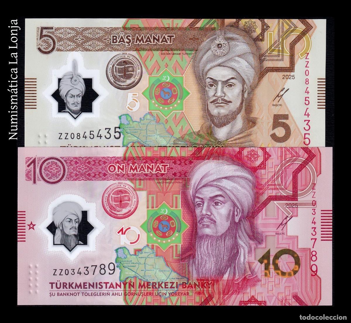 Billetes extranjeros: Turkmenist&aacute;n Set 2 billetes 5 10 Manat Conmemorativo 2025 Pick 49 50 Nuevo Sc Unc