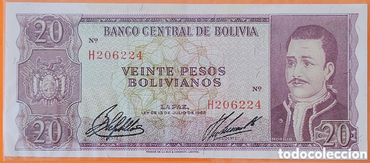 Billetes extranjeros: BOLIVIA, 20 PESOS BOLIVIANOS, 1962. RARO.