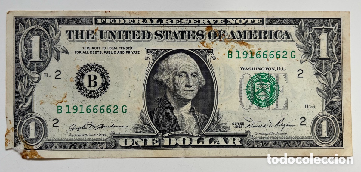 Billetes extranjeros: Billete USA 1 D&oacute;lar 1981. B Nueva York. Pico Roto. EEUU Estados Unidos