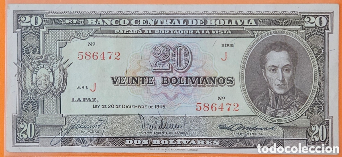 Billetes extranjeros: BOLIVIA, 20 BOLIVIANOS, 1945.