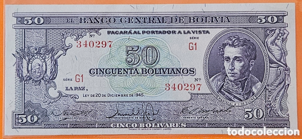 Billetes extranjeros: BOLIVIA, 50 BOLIVIANOS, 1945. UNC. ESCASO.