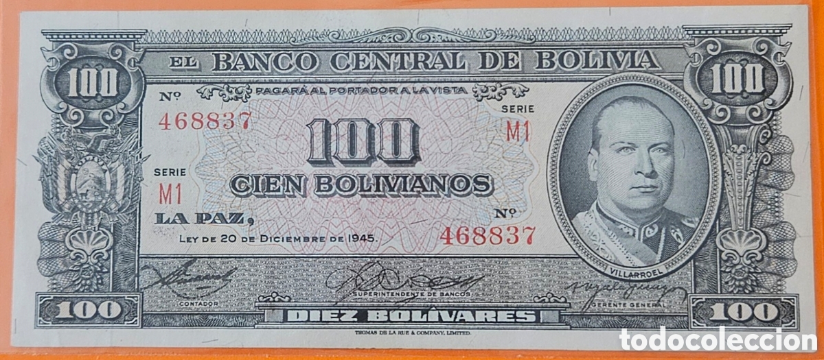 Billetes extranjeros: BOLIVIA, 100 BOLIVIANOS, 1945. UNC.