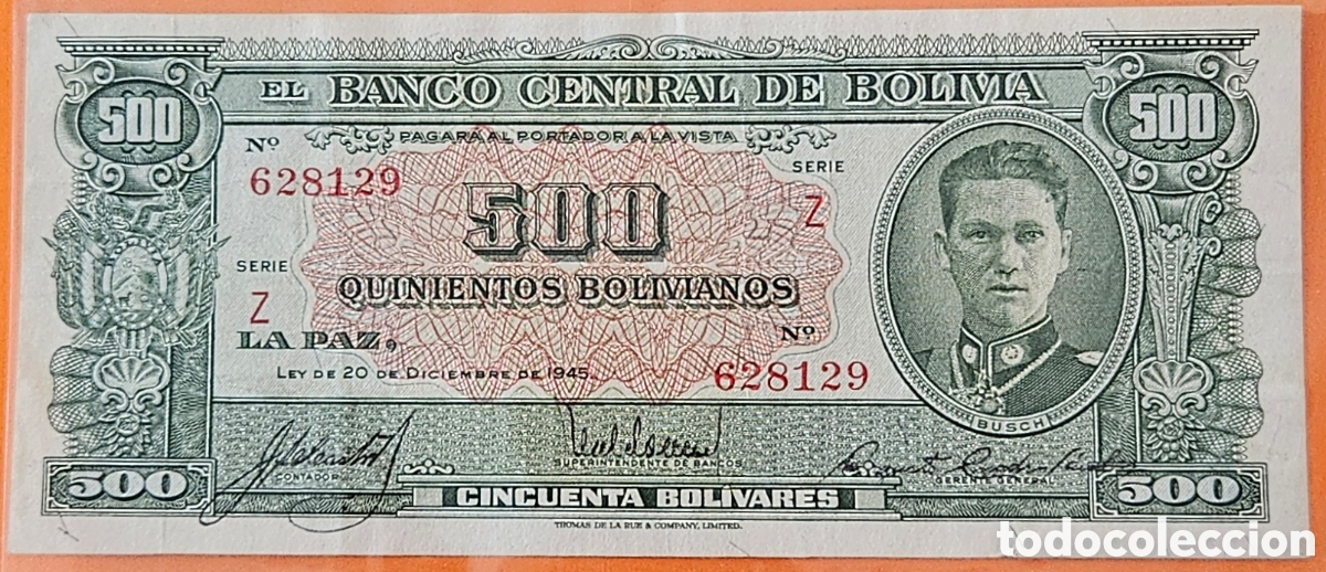 Billetes extranjeros: BOLIVIA, 500 BOLIVIANOS, 1945.