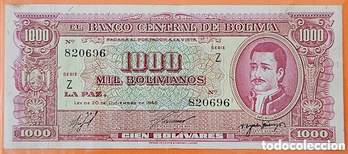 Billetes extranjeros: BOLIVIA, 1000 BOLIVIANOS, 1945.