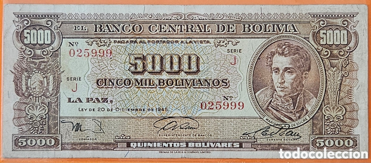 Billetes extranjeros: BOLIVIA, 5000 BOLIVIANOS, 1945.