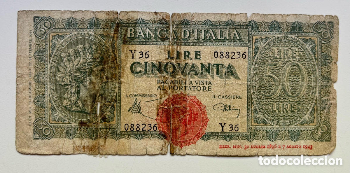 Billetes extranjeros: Billete ITALIA 50 Lira 1944. Lire . Da&ntilde;ado