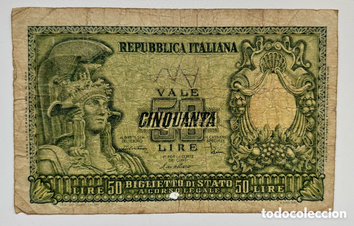 Billetes extranjeros: Billete ITALIA 50 Lira 1951. Lire